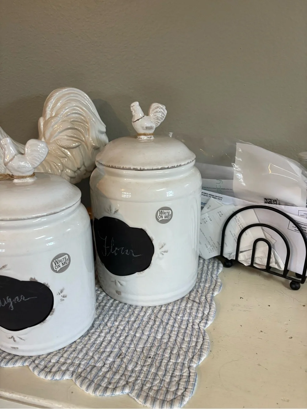 White Ceramic French CountryKitchen Canisters with Rooster Lid - White